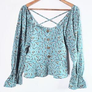 Full Circle Trends Sea Green Floral Babydoll Crop Top Size Large Festival Boho